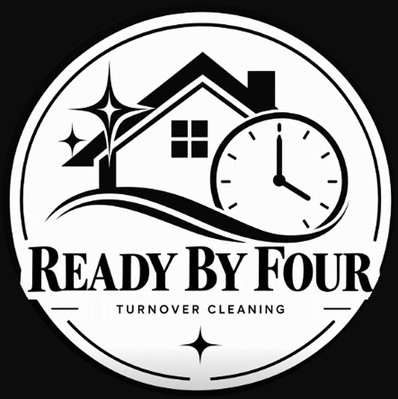 Ready By Four original black and white circular house and clock logo